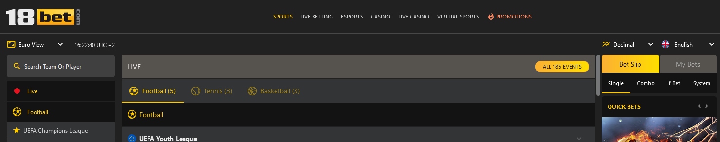 Översta bannern på 18bet-sidan