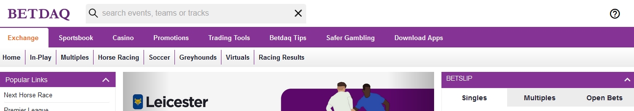 Banner högst upp på BETDAQ Exchange-sidan